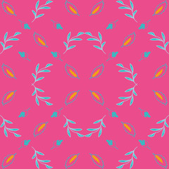 Fototapeta na wymiar Vector psychedelic folk seamless pattern with colorful symmetrical flowers and leaves, orange, turquoise and pink background.