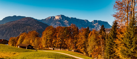 Beautiful alpine autumn or indian summer view with the famous Untersberg in the background near Berchtesgaden, Bavaria, Germany