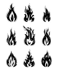 Fire Flames Icons Vector Set. Hand Drawn Doodle Sketch Fire Flame Tattoo Black and White Drawing