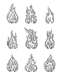 Fire Flames Icons Vector Set. Hand Drawn Doodle Sketch Fire Flame Tattoo Black and White Drawing