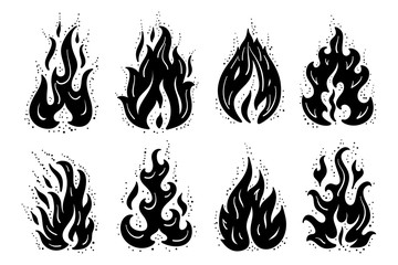 Fire Flames Icons Vector Set. Hand Drawn Doodle Sketch Fire Flame Tattoo Black and White Drawing © AllNikArt