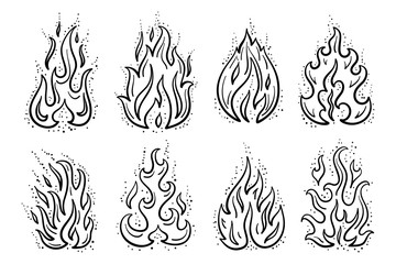 Fire Flames Icons Vector Set. Hand Drawn Doodle Sketch Fire Flame Tattoo Black and White Drawing