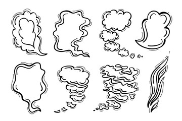 Steam Clouds Silhouette Vector Set. Hand drawn Doodle Sketch Smoke, Clouds, Fog or Steam. Black and White Drawing 