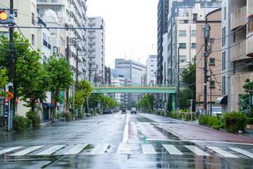 Fototapeta premium Ueno, Tokyo, Japan - October, 12, 2019:Typhoon day in tokyo nobody on the road look like abandoned town