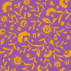 Vector psychedelic folk seamless pattern with colorful ethnic flowers and leaves, orange and purple background