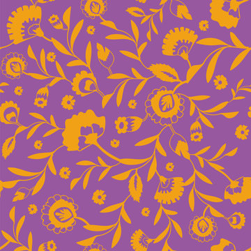 Vector psychedelic folk seamless pattern with colorful ethnic flowers and leaves, orange and purple background © Soat Design