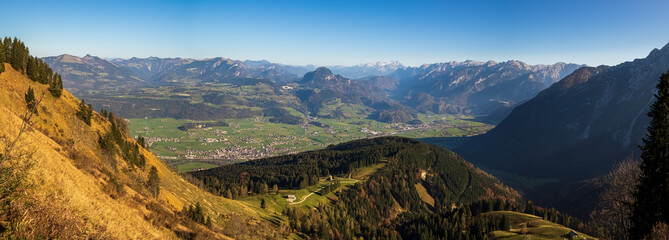 High resolution stitched panorama of a beautiful alpine autumn or indian summer view at the famous Rossfeldstrasse, Berchtesgaden, Bavaria, Germany
