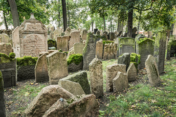 Old Jewish Cemetery tombs in Prague, Czech Republic. Hundreds of gravestones piled one against the other in the Pinkas Synagogue.