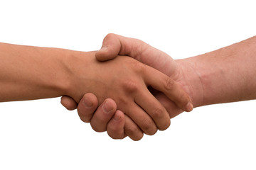 Shaking hands of two male people, on white background, isolated. The concept of bringing agreement, partnership