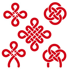 Chinese red knots - flower, pan chang, happy, double coin. Traditional asian auspicious symbols. Vector set of 5.