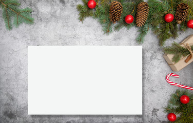 Obraz na płótnie Canvas Christmas minimal concept - christmas frame composition made of evergreen tree branch