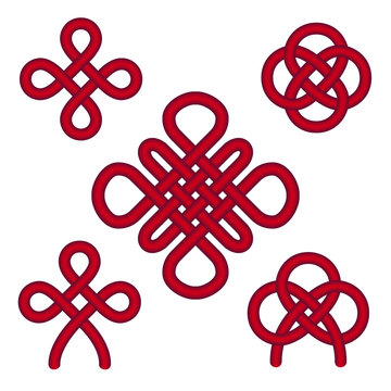 Chinese red knots - flower, pan chang, happy, double coin. Traditional asian auspicious symbols. Vector set of 5.
