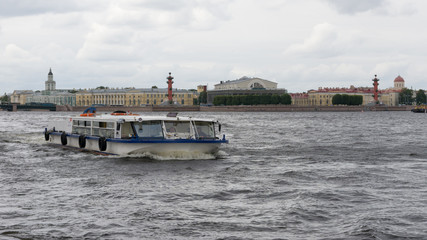 pleasure ship sails on the Neva river in St. Petersburg