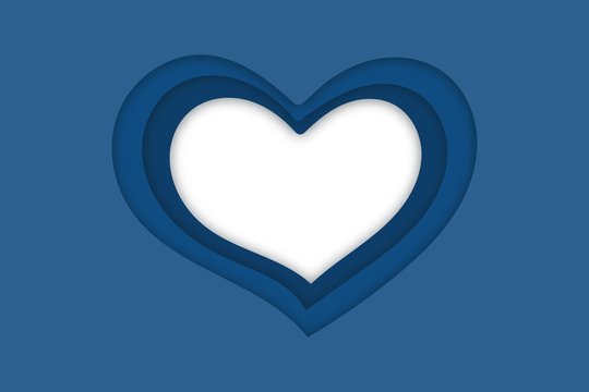 Blue hearts with a shadow with a white transparent background instead of a central element. Vector illustration for valentine's day in paper cut style