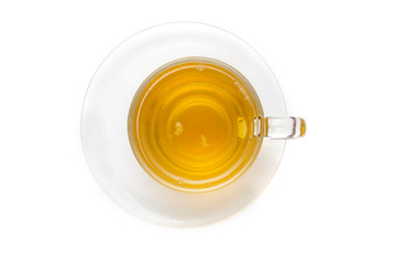 Glass green tea cup isolated on white background, top view