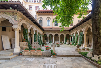 Fototapeta na wymiar The exterior of the Stavropoleos Monastery in the historic center of Bucharest, Romania