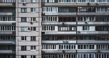Typical example of Soviet Eastern European urban architecture of a drab prefabricated apartment...