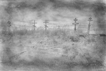 grave crosses in a desert cemetery / climate change concept warming, disaster, apocalypse,...
