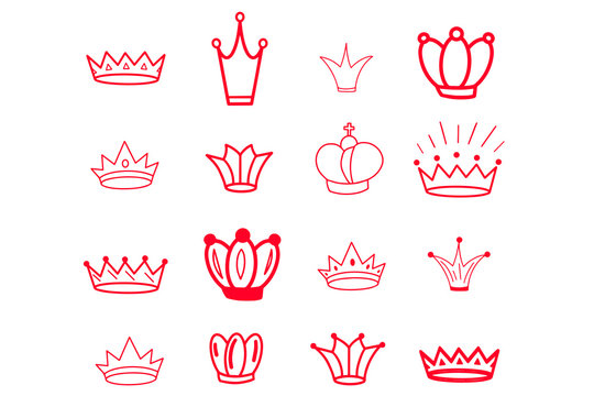 Red Crowns. Tiara. Diadem. Sketch crown. Hand drawn queen king design. Royal imperial coronation symbols, monarch majestic jewel. Princess Handdrawn Raster Hat elements. Antique luxury jewellery.