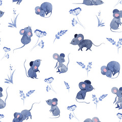 Watercolor pattern with cartoon mouses