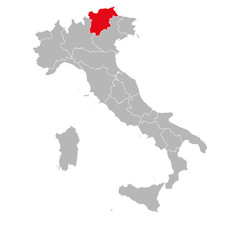 Fototapeta na wymiar Trentino marked red on italy map. Gray background. Italian political map.