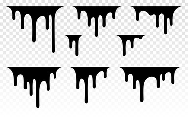 Paint dripping. Dripping liquid. Paint flows. Current paint, stains. Current drops. Current inks. Vector illustration. Color easy to edit. Transparent background.