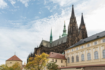 Fototapeta na wymiar St. Vitus's Cathedral in Prague Castle, Czech Republic. Gothic style cathedral standing out with tall spires