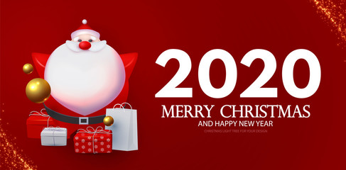 Fototapeta na wymiar Happy New 2020 Year greetings with 3D Santa Claus, fir trees, gifts and glossy balls.