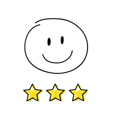 Review - three star rating. Happy white coloured stickman. Vector.