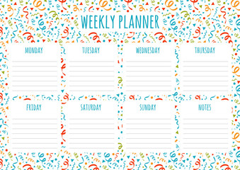 Weekly planner design with background with hand drawn serpentines. Vector