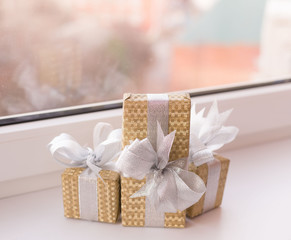 Holiday. Gift box decorated bow