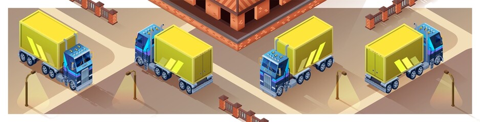Set with truck isometric. Four projections of a truck in isometry. Isolated Truck. Cargo delivery.