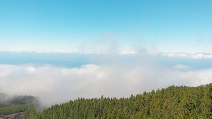 Fototapeta premium Panoramic aerial view - thick clouds in the mountains above the evergreen forest on Tenerfe, Canary Islands, Spain