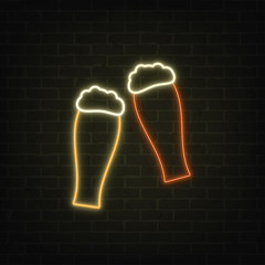 Vector poster of 2 neon light beer glasses on grunge brick wall background. Bright clinking beer glasses in retro style. Glowing pub banner for posters, templates and your own projects. EPS 10.