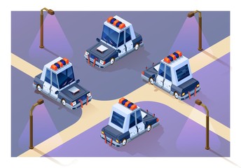 Concept city guarding. Four projections of a police car in isometry. Isolated police car..