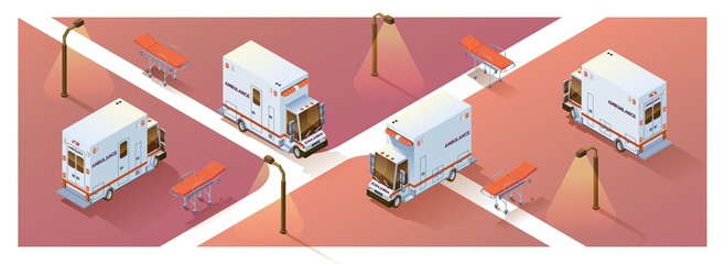 Concept city ambulance. Four projections of an ambulance van in isometry. Isolated ambulance van..