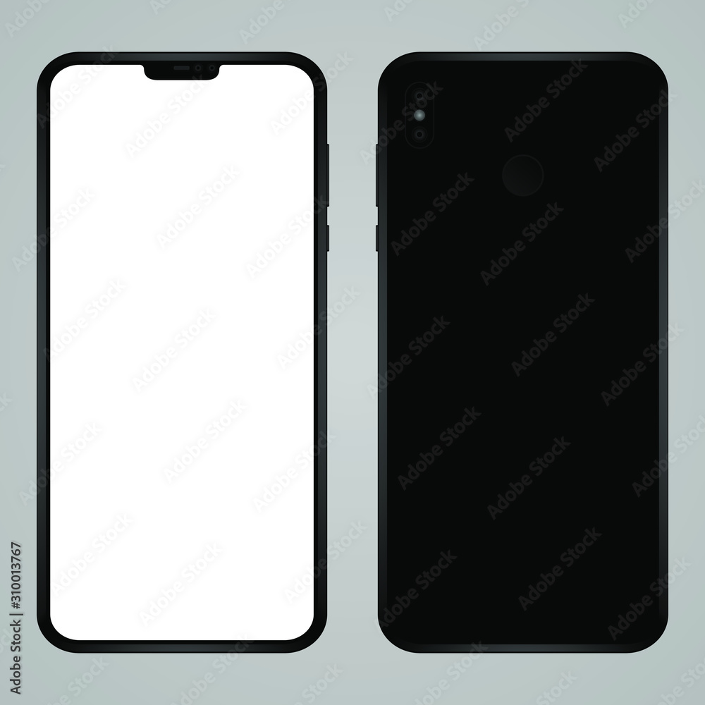 Aufkleber Brand new smartphone black color with blank screen vector mockup. Front and back view of modern multimedia mobile phone easy to edit and put your image or text