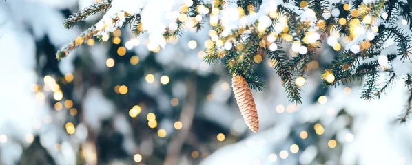 Fototapete Rund Bäume Christmas tree outdoor with snow, lights bokeh around, and snow falling, Christmas atmosphere. Happy New Year  © Anastassiya 