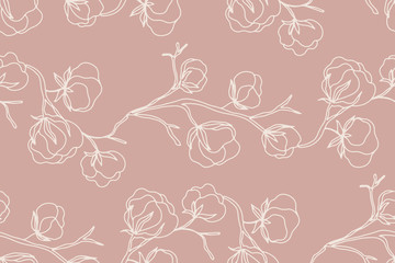 Floral seamless pattern with cotton blossom flowers