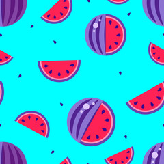 Watermelons Seamless pattern red violet blue background. Raster illustration melon set wallpaper. Perfect children t shirt print. Hand drawn graphic symbol backdrop. Decoration summer fruit texture
