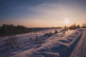 Warm cold winter sunset, last rays of setting sun coloring the fog golden in this winter sunset...