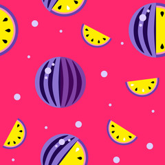 Watermelon Seamless pattern. Violet red yellow fresh background. Melons collection, wallpaper vector. Good for printing. Hand drawn overlapping backdrop. Decoration summer fruit texture illustration