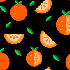 Orange fruit symbol. Green leaf black background. Seamless pattern set wallpaper. Good for kids tshirt print. Hand drawn graphic symbol backdrop. Decoration summer winter citrus texture illustration