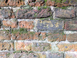 Full frame old red brick wall with moss