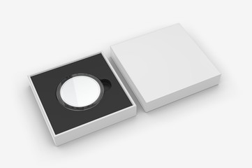 Blank proof coin in plastic case and paper box. 3d render illustration.