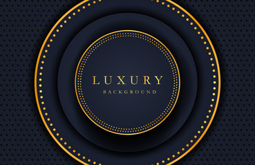 Luxury elegant background with shiny gold circle element and dots particle on dark black metal surface. Business presentation layout