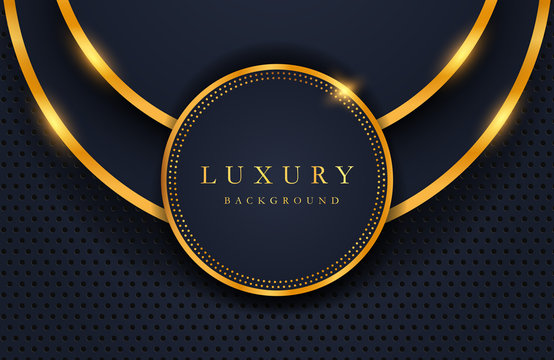 Luxury elegant background with shiny gold circle element and dots particle on dark black metal surface. Business presentation layout