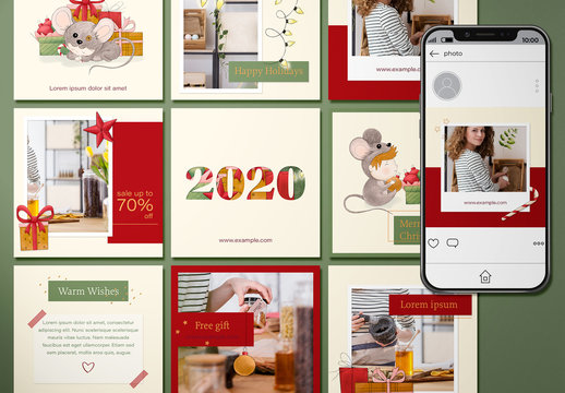 Social Media Post Template Set With  Hand Drawn Christmas Illustrations