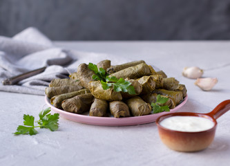 Dolma served with homemade yogurt. Caucasian cuisine, grape leaves stuffed with minced meat and rice.