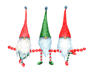 New year cute funny gnomes watercolor illustration